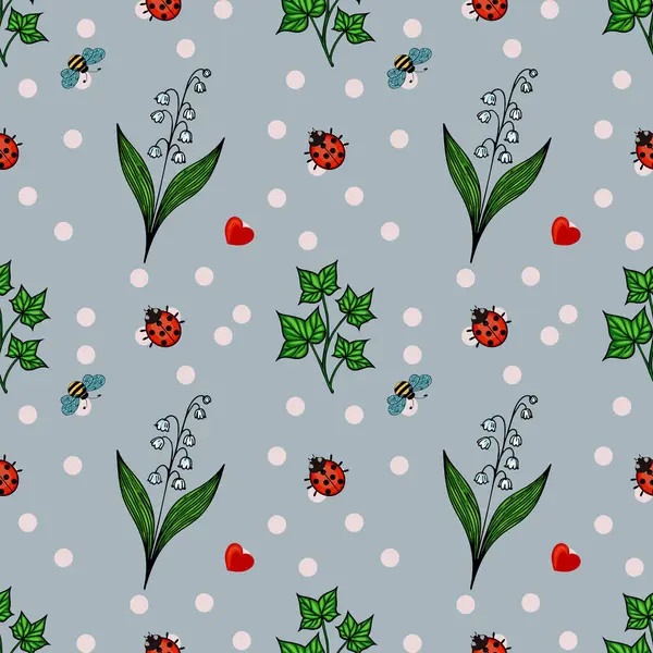 Açık mavi arka planda uğur böcekleri, arılar ve çiçeklerden oluşan garip bir vektör deseni. Tasarım yeşil yapraklar, kırmızı kalpler ve beyaz benekler içeriyor, neşeli bir atmosfer yaratıyor..