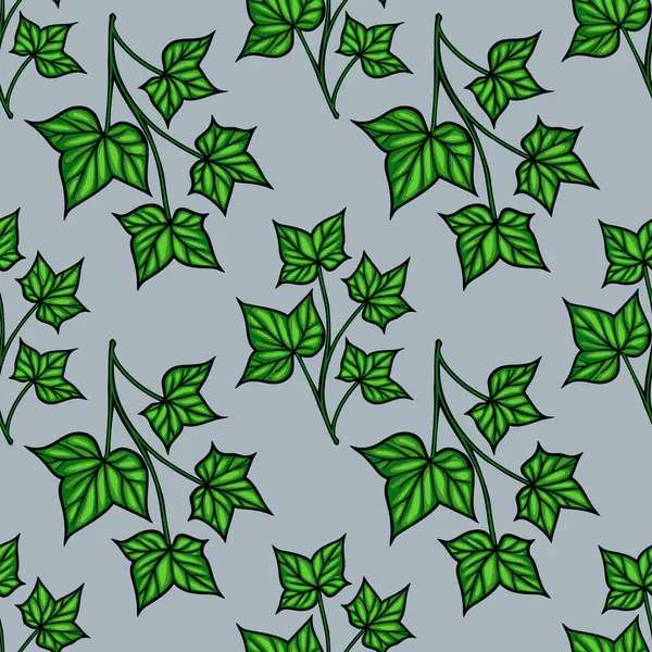 Açık mavi arka planda çeşitli yeşil sarmaşık yapraklarından oluşan kusursuz bir vektör deseni. Yapraklar ince çizgilerle gösteriliyor, karmaşık şekillerini ve dokularını sergiliyorlar..