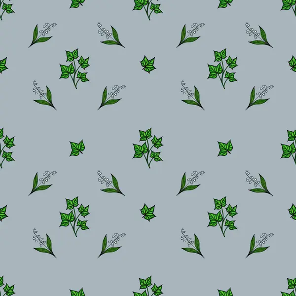 Açık mavi arka planda çeşitli yeşil yapraklar ve küçük çiçek elementlerinden oluşan kusursuz bir vektör deseni. Tasarım basit ve zarif, tekstil veya duvar kağıtları için uygun..