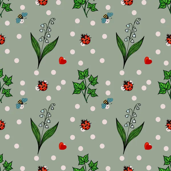 Yeşil arka planda uğur böcekleri, arılar, çiçekler ve kalplerden oluşan garip bir vektör deseni. Tasarım polka noktalarını ve çeşitli bitkileri içeriyor, neşeli ve eğlenceli bir estetik yaratıyor.
