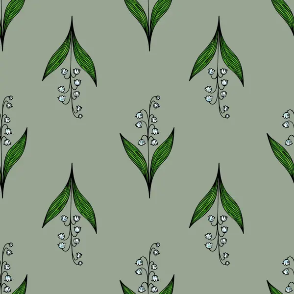 Yeşil yapraklı, soluk yeşil arka planda, vadi çiçeklerinin biçimlendirilmiş zambaklarını içeren kusursuz bir vektör deseni..