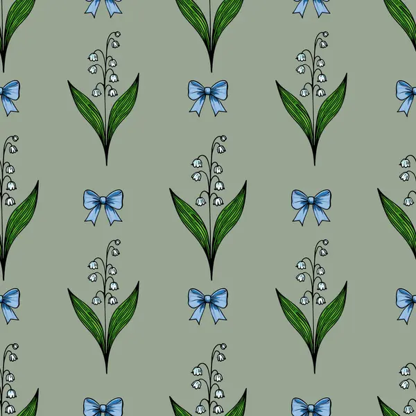Yeşil yapraklı ve mavi fiyonklu, soluk yeşil arka planda, vadideki çiçeklerin biçimlendirilmiş zambaklarını içeren kusursuz bir vektör deseni..