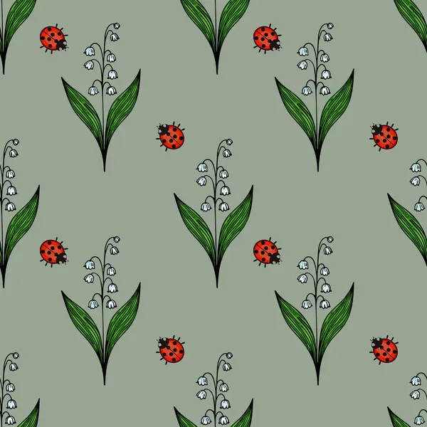 Yeşil yapraklar, vadi çiçeklerinin beyaz zambakları ve soluk yeşil arka planda kırmızı uğur böcekleri içeren kusursuz bir vektör deseni..