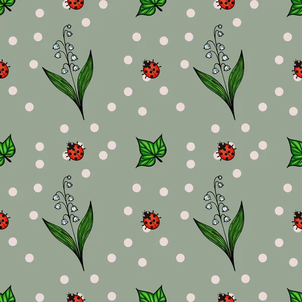 Uğur böcekleri, zambak vadisi çiçekleri ve pembe benekli, soluk yeşil arka planda yeşil yapraklar içeren kusursuz bir vektör deseni..