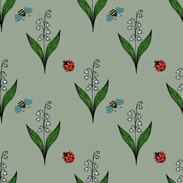Yeşil yaprakları, vadideki beyaz zambakları, mavi arıları ve yumuşak yeşil arka planda kırmızı uğur böceklerini içeren kusursuz bir vektör deseni..
