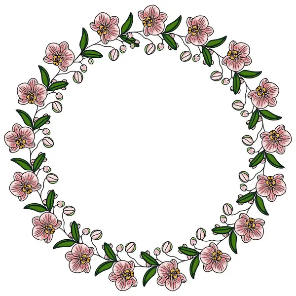 Pembe orkideler ve yeşil yapraklardan oluşan dairesel bir çiçek çerçevesi, davetiyeler veya dekoratif amaçlar için idealdir..