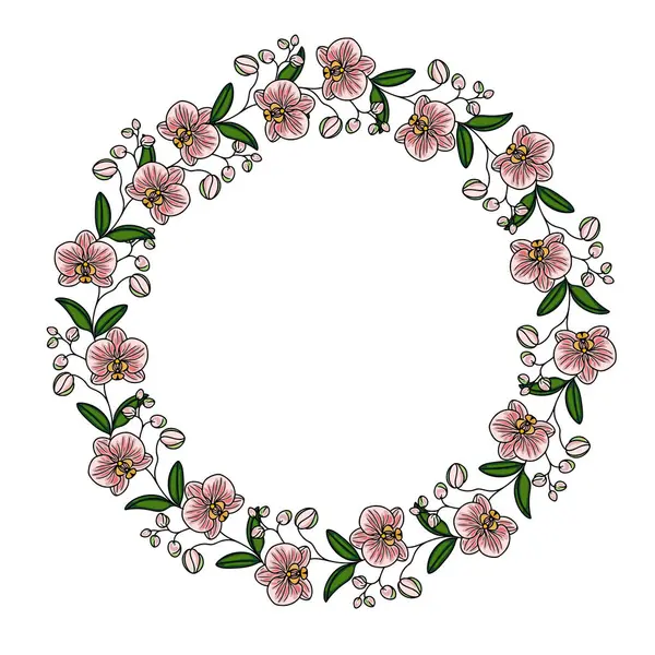 Küçük tomurcuklar ve çiçeklerle birlikte pembe çiçekler ve yeşil yapraklardan oluşan dairesel bir çiçek tasarımı. Düzenleme simetrik ve dekoratiftir, davetiyeler veya tebrik kartları için uygundur.