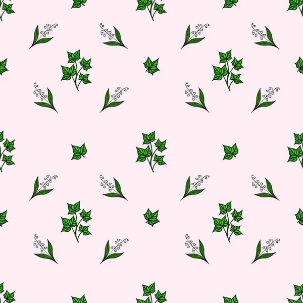 Yumuşak pembe arka planda yeşil yapraklar ve küçük beyaz çiçekler içeren pürüzsüz bir desen. Tasarım hassas ve tekstil veya duvar kağıtları için uygundur..