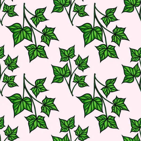 Açık pembe arkaplanda yeşil sarmaşık yaprakları olan kusursuz bir vektör deseni. Tasarım çeşitli sarmaşık yaprak şekilleri ve düzenlemeleri sergiliyor, doğal ve taze bir estetik yaratıyor.