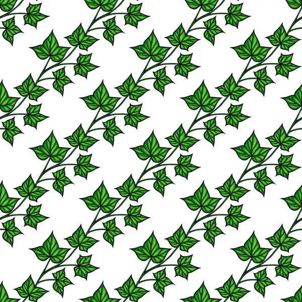 Beyaz arka planda yeşil sarmaşık yaprakları olan kusursuz bir vektör deseni. Tasarım, yaprakların çeşitli boyutlarını ve yönlerini sergiliyor, verimli ve canlı bir görünüm yaratıyor..