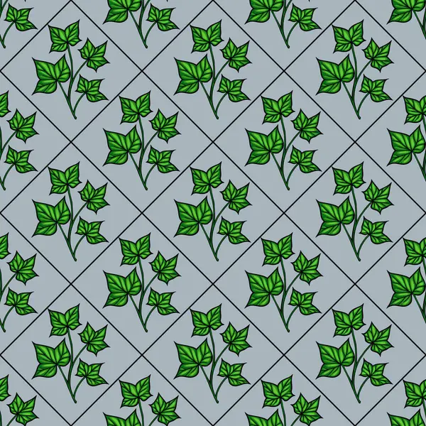 Açık mavi arkaplanda yeşil sarmaşık yaprakları içeren, pırlanta şebeke düzeninde düzenlenmiş, pürüzsüz bir vektör deseni. Tasarım canlı ve çeşitli dekoratif kullanımlar için uygundur..