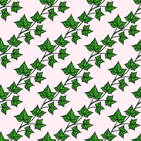 Yumuşak pembe arka planda yeşil sarmaşık yaprakları olan kusursuz bir vektör deseni. Yapraklar detaylı ve canlı, doğal ve taze bir estetik oluşturuyor..