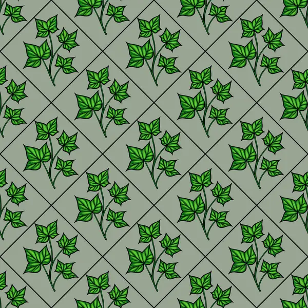 Yeşil sarmaşık yapraklarının sessiz yeşil bir arka planda elmas ızgarada sıralandığı kusursuz bir vektör deseni. Yapraklar damarlarla ve değişik boyutlarda, doğal ve organik bir his yaratıyor..