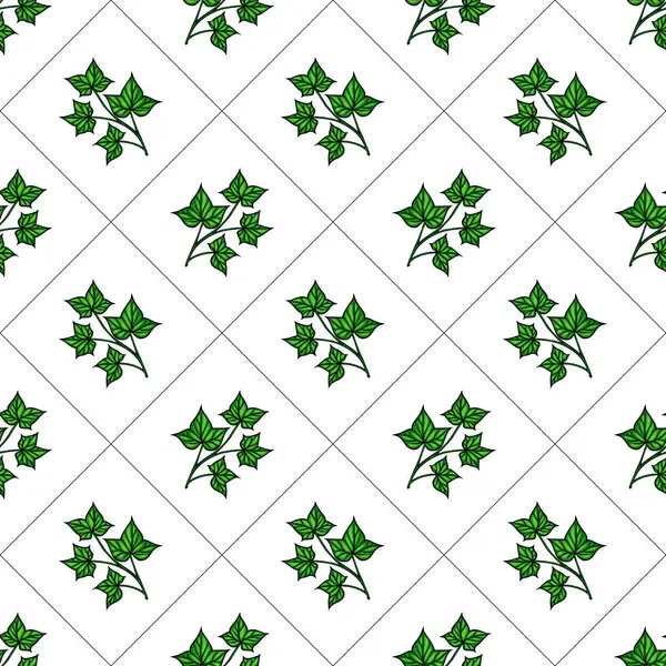 Beyaz arka planda yeşil sarmaşık yaprakları içeren, pırlanta desenli bir vektör. Tasarım canlı ve tekstil veya duvar kağıtları için uygundur..
