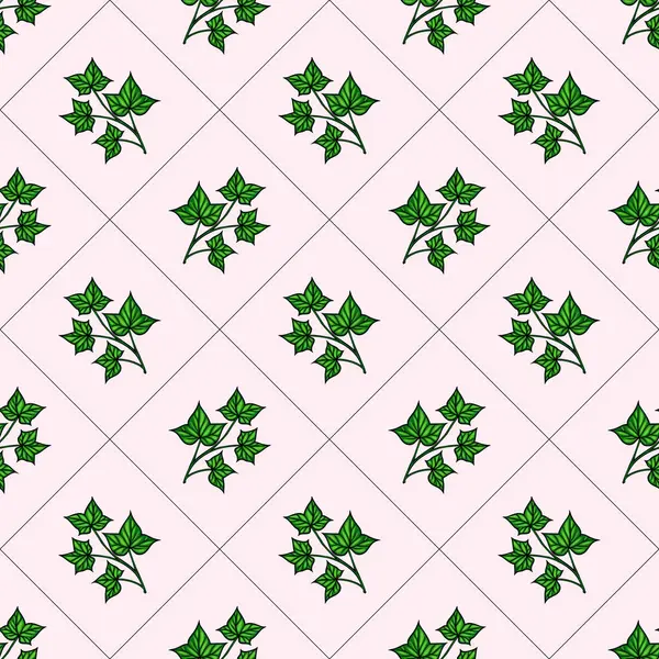 Açık pembe arkaplanda yeşil sarmaşık yaprakları içeren pürüzsüz bir desen..