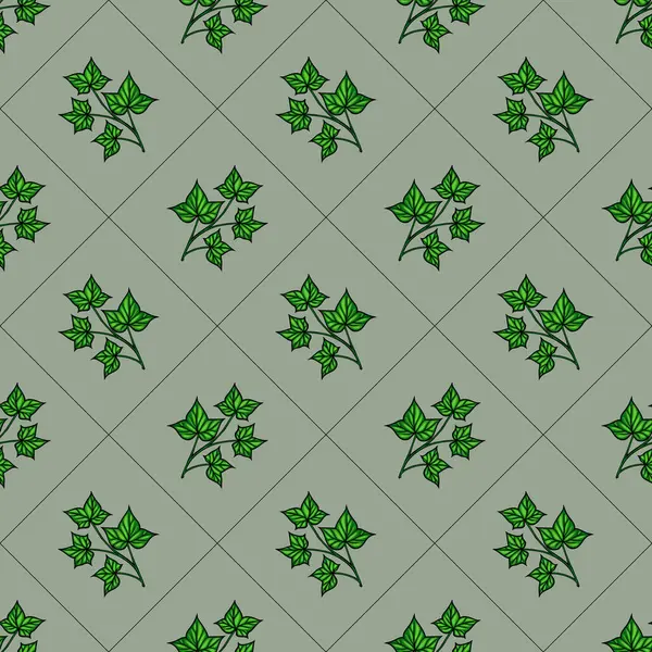 Yeşil sarmaşık yapraklarının sessiz yeşil arka planda olduğu kusursuz bir vektör deseni. Tasarım yineleniyor, yaprakların çeşitli düzenlemelerini gösteriyor..