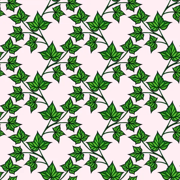 Yumuşak pembe arka planda yeşil sarmaşık yaprakları olan kusursuz bir vektör deseni. Tasarım çeşitli sarmaşık yaprak şekilleri ve boyutlarını sergiliyor, verimli, doğal bir estetik yaratıyor..