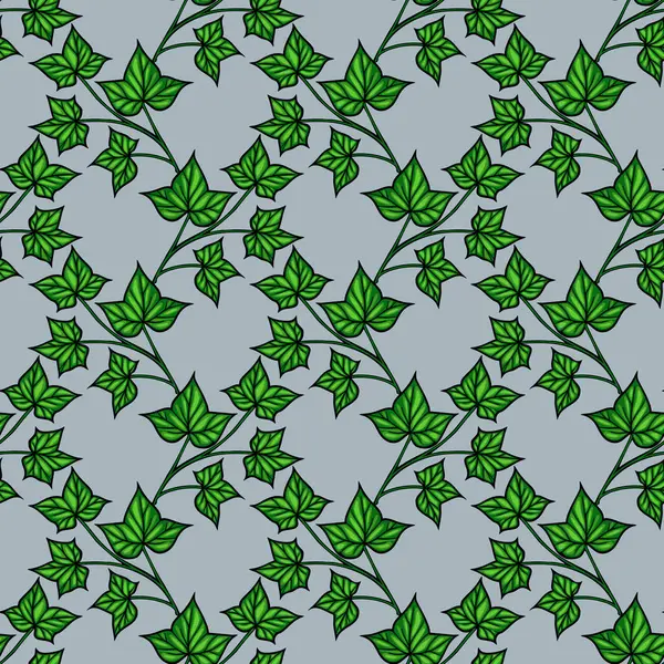 Açık mavi bir arkaplanda yeşil sarmaşık yaprakları olan kusursuz bir vektör deseni. Tasarım çeşitli sarmaşık yaprak şekilleri ve boyutlarını sergiliyor, doğal ve organik bir his yaratıyor..