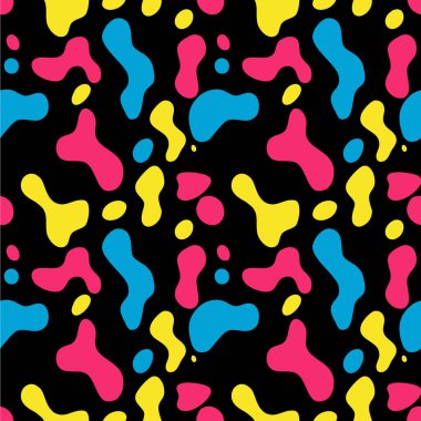 Siyah bir arkaplanda pembe, mavi ve sarı renkli şekiller içeren parlak bir vektör deseni. Tasarım eğlenceli ve modern, çeşitli yaratıcı projeler için uygun..