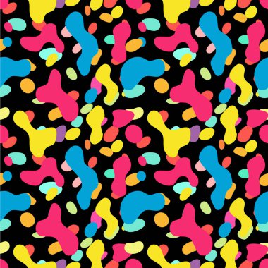 Siyah bir arkaplanda pembe, mavi, sarı ve yeşil renkte renkli şekiller içeren parlak ve soyut bir vektör deseni. Tasarım eğlenceli ve modern, tekstil veya duvar kağıtları için uygun.