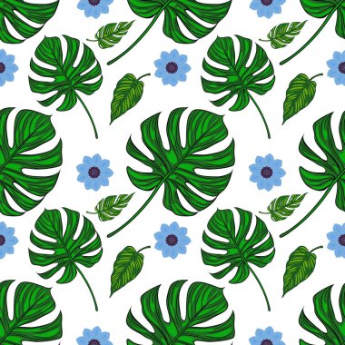 Beyaz arka planda çeşitli yeşil tropikal yapraklar ve mavi çiçeklerden oluşan canlı bir vektör deseni. Tasarım canlı ve kumaş veya duvar kağıdı için uygundur..
