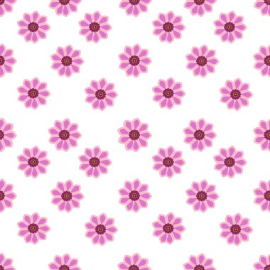 Beyaz arka planda kahverengi merkezli pembe çiçekleri içeren kusursuz bir vektör deseni. Çiçekler eşit aralıklarla dizayn edilmiş, neşeli ve canlı bir tasarım yaratıyor..