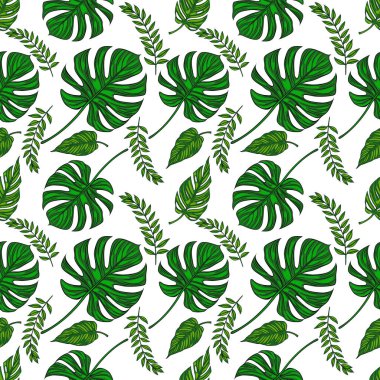 Beyaz arka planda çeşitli yeşil tropikal yapraklardan oluşan kusursuz bir vektör deseni. Tasarım büyük canavar yaprakları, küçük palmiye yaprakları ve narin eğreltiotu yapraklarını içerir..