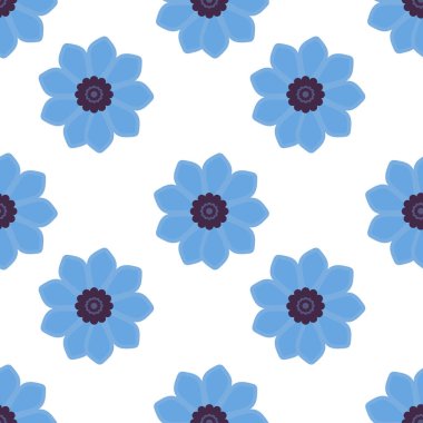 Beyaz arka planda koyu merkezli biçimlendirilmiş mavi çiçekleri içeren kusursuz bir vektör deseni. Tasarım neşeli ve canlı, tekstil ve duvar kağıtları için uygun..