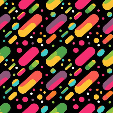 Pembe, sarı, yeşil ve mavi gibi parlak renklerde uzun şekiller ve daireler içeren parlak ve renkli bir vektör..