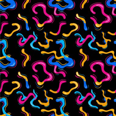 Siyah bir zemin üzerinde pembe, mavi, sarı ve turuncu renkli renkli ve dalgalı şekiller içeren soyut bir vektör deseni. Tasarım eğlenceli ve dinamiktir, tekstil veya duvar kağıtları için uygundur.