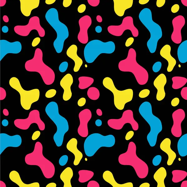 Siyah bir arkaplanda pembe, mavi ve sarı renkli şekiller içeren parlak bir vektör deseni. Tasarım eğlenceli ve modern, çeşitli yaratıcı projeler için uygun..