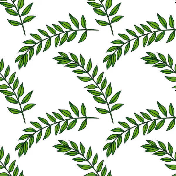 Beyaz zemin üzerinde yeşil yapraklar bulunan, birden fazla broşür ile çeşitli dalları gösteren, pürüzsüz bir vektör deseni.