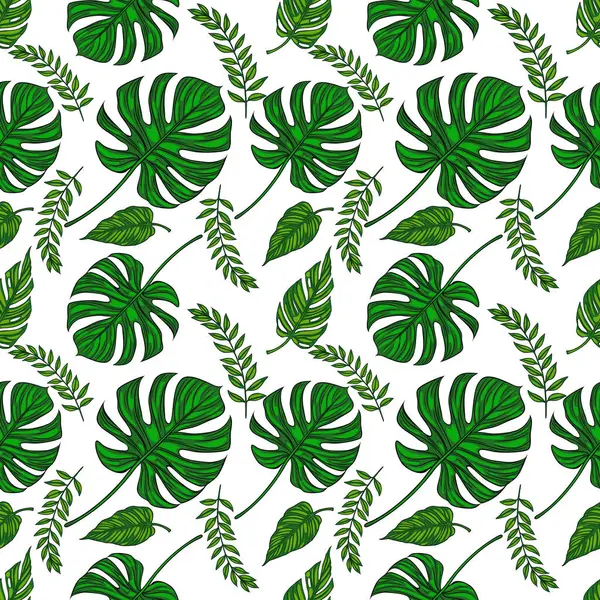 Beyaz arka planda çeşitli yeşil tropikal yapraklardan oluşan kusursuz bir vektör deseni. Tasarım büyük canavar yaprakları, küçük palmiye yaprakları ve narin eğreltiotu yapraklarını içerir..
