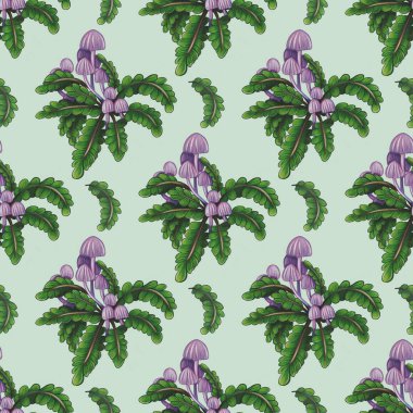 Açık yeşil arka planda stilize edilmiş denizanası ve yapraklı bitkiler içeren pürüzsüz bir desen. Denizanaları mordur ve yapraklar canlı yeşildirler. Garip ve tropikal bir hava yaratırlar..