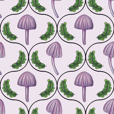Mor mantarlar ve açık arkaplanda yeşil yapraklar içeren kusursuz bir desen. Tasarım kaprisli ve tekstil veya duvar kağıtları için uygundur.