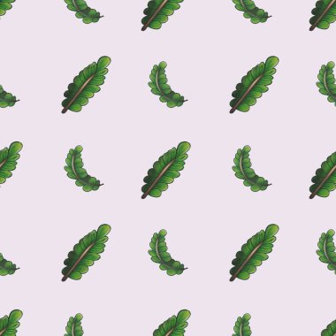 Açık pembe arkaplanda yeşil yaprakların pürüzsüz bir deseni, çeşitli yaprak şekilleri ve boyutları, taze ve doğal bir titreşim yaratıyor..