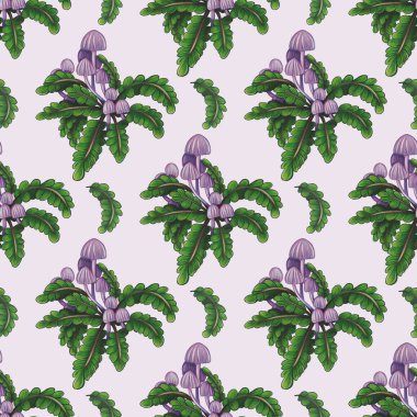 Açık arkaplanda yeşil yapraklar ve mor mantarlardan oluşan pürüzsüz bir desen. Tasarım canlı ve kaprisli, tekstil veya duvar kağıtları için uygun..