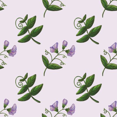 Yeşil yaprakların ve açık arkaplanda narin mor çiçeklerin olduğu kusursuz bir desen. Tasarım, tekstil veya duvar kağıtları için ideal doğal ve botanik bir temayı sergiler.