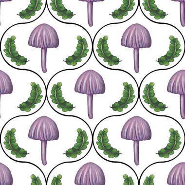 Mor mantarlar ve beyaz arka planda yeşil yapraklar içeren tuhaf bir desen. Tasarım eğlenceli ve canlı, tekstil veya duvar kağıdı için uygun..