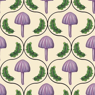 Mor mantarlar ve açık bej arka planda yeşil yapraklar içeren kusursuz bir desen. Mantarların yuvarlak bir kapağı ve ince gövdesi var. Şekil verilmiş ve dekoratif bir düzende düzenlenmiş..