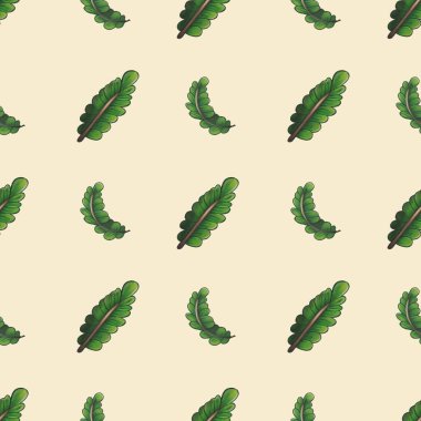Açık bej arkaplanda yeşil yapraklar olan kusursuz bir desen. Yapraklar canlı yeşil bir renk ve ayrıntılı damarlarla çizilmiş..