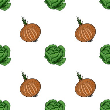 Beyaz zemin üzerinde soğan ve lahana desenleri olan kusursuz bir vektör. Soğanlar yeşil lahanayla kahverengidir, lahanalar ise canlı yeşil ve yapraklıdır..