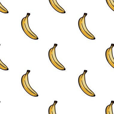 Beyaz arka planda birden fazla sarı muz içeren kusursuz bir vektör deseni. Muzlar, tasarım boyunca eşit aralıklarla, eğlenceli ve karikatürsel bir şekilde resmedilmiş..