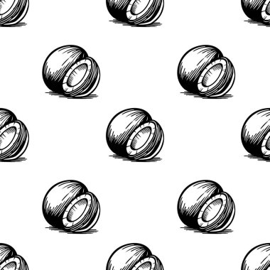 Siyah ve beyaz el yapımı hindistan cevizi desenli bir vektör. Hindistan cevizi çeşitli yönlerde tasvir edilir, yuvarlak şekilleri ve dizeleri gösterilir..