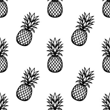Beyaz arka planda elle çizilmiş ananaslar içeren kusursuz bir vektör deseni. Ananaslar siyah çizilmiş, belirgin şekillerini ve yapraklarını sergiliyorlar..