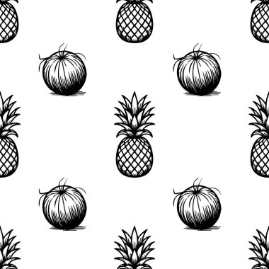 Beyaz arka planda el çizimi ananaslar ve yuvarlak şekiller içeren kusursuz bir vektör deseni. Tasarım tekstil ya da duvar kağıtları gibi çeşitli uygulamalar için eğlenceli ve uygundur..