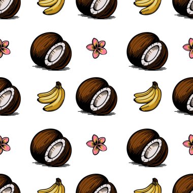 Beyaz arka planda hindistan cevizi, muz ve pembe çiçeklerden oluşan pürüzsüz bir desen. Hindistan cevizleri ikiye bölünmüş, içindeki beyaz eti gösteriyor, muzlar ise eğlenceli bir şekilde tasvir ediliyor..