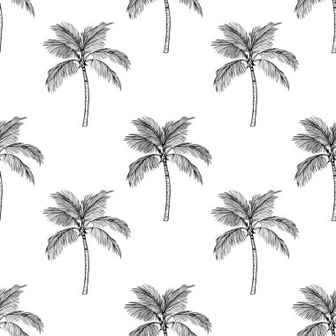 Beyaz arka planda elle çizilmiş palmiye ağaçları içeren pürüzsüz bir vektör deseni. Palmiye ağaçları uzun, ince gövdeler ve gür yapraklarla karmaşık bir şekilde detaylandırılmıştır. Bu da tropikal bir hava yaratır..