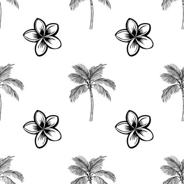 Beyaz arka planda elle çizilmiş palmiye ağaçları ve plumeria çiçeklerini içeren pürüzsüz bir desen, tropikal ve yaz atmosferi yaratır..