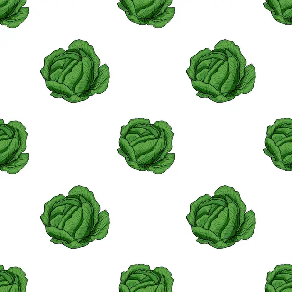 Beyaz arka planda el çizimi yeşil lahanalar içeren kusursuz bir vektör deseni. Lahanalar ayrıntılı yapraklar ve gerçekçi bir dokuya sahipler. Taze ve canlı bir görünüm yaratıyorlar..
